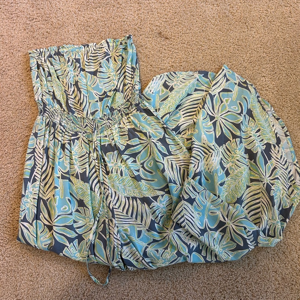 Tropical Leaf Print Strapless Dress